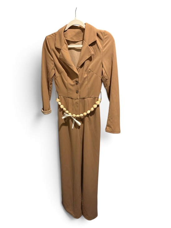 Pants - Women Long Sleeve Camel jumpsuit with Tailored Collar and optional belt size xs